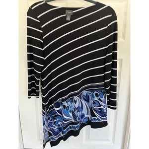 CHICOS Travelers Top sz 0 Black White Blue Easy Care Knit Tunic Asymmetrical Hem